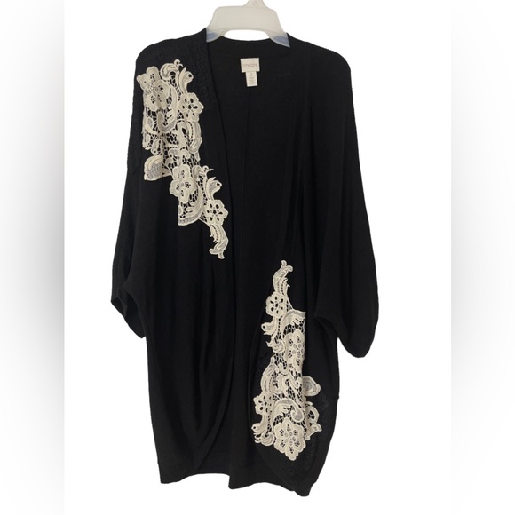 Chico’s Lace Crochet Detailed 3/4 Sleeves Knitted Open Front Cardigan Size L - Picture 4 of 13